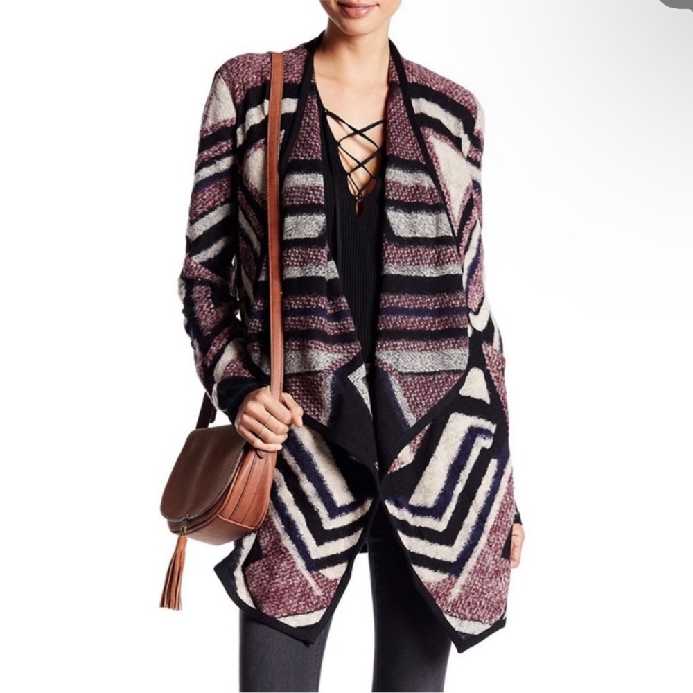 ♠️Lucky Brand♠️Womens Intarsia Multicolor Geometric Draped Cardigan S Cozycore